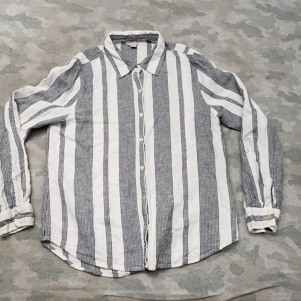 Orvis Top Womens Small White Striped Linen Blend Roll Tab Long Sleeve Button Up